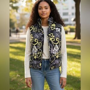 Athleta XL Goose Down Puffer Vest Black Yellow Floral Adjustable Jacket Women’s